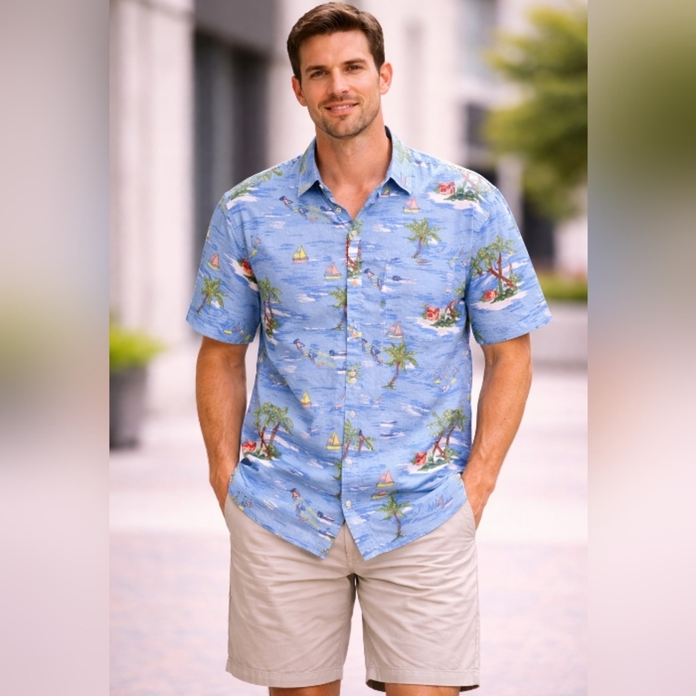St. John Bay Blue Shirt Nautical Island Theme Men's XL Tropical Vacation Cottage